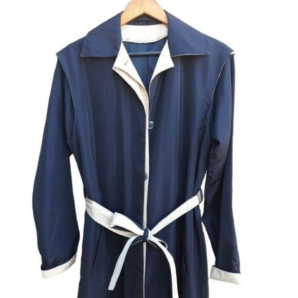 Vtg 80's Womens 6L Trench Coat Long Belted Sailor Back Color Block Black Cream - Picture 5 of 13